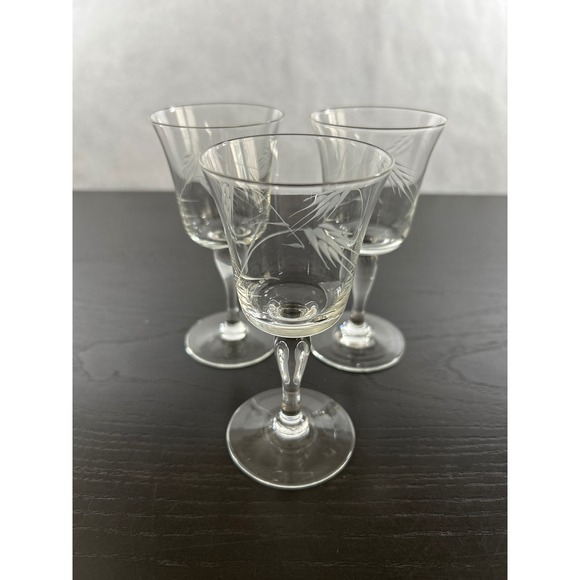 Other - Vintage Etched Wheat Crystal Cordial Glasses Set of 3 Clear Stemmed Liqueur 4in